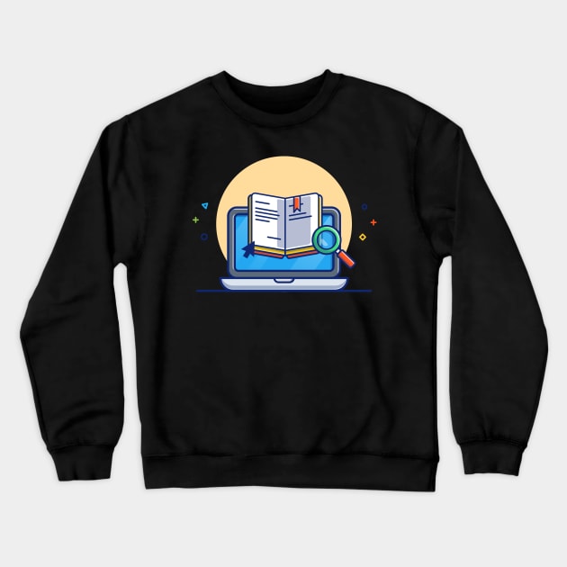 Laptop, Text Book And Magnifying Glass Cartoon Crewneck Sweatshirt by Catalyst Labs